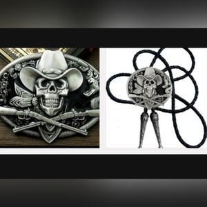 COPY - New Matching Cowboy Skeleton Belt Buckle And Leather Bolo Tie